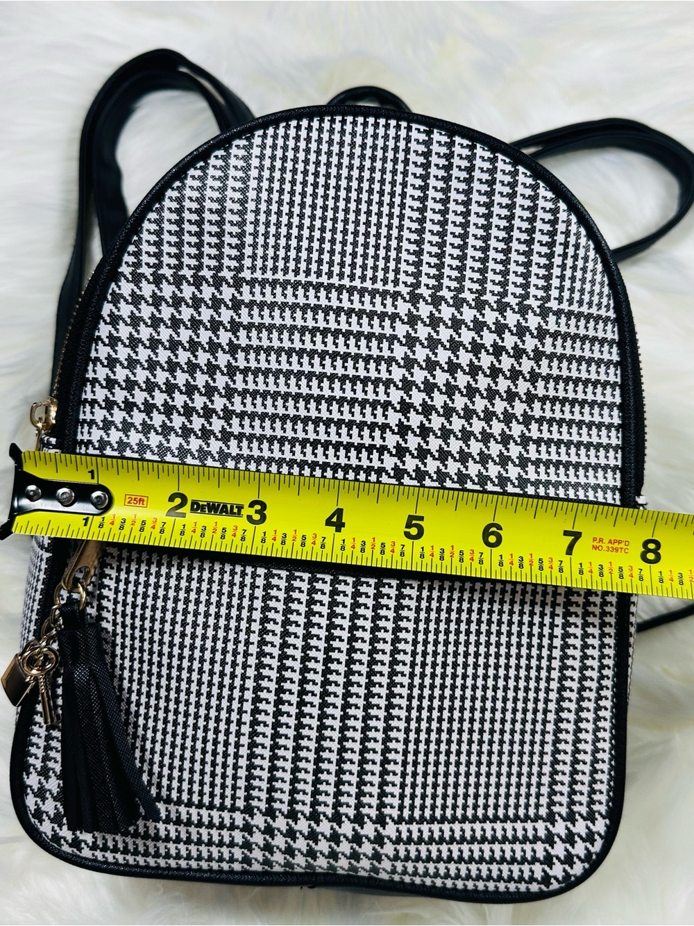 Claire's Black & White Houndstooth Mini Backpack with Gold Tassel - Picture 8 of 8